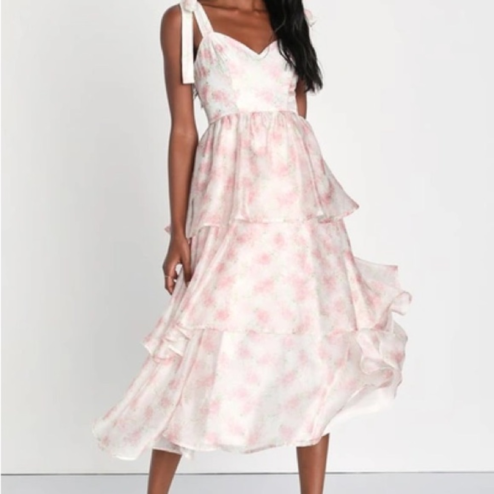 Lulu's Pink Floral Tiered Midi Dress